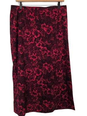 Notations XL Red Black Floral Midi Skirt Stretch Waist A-Line Womens